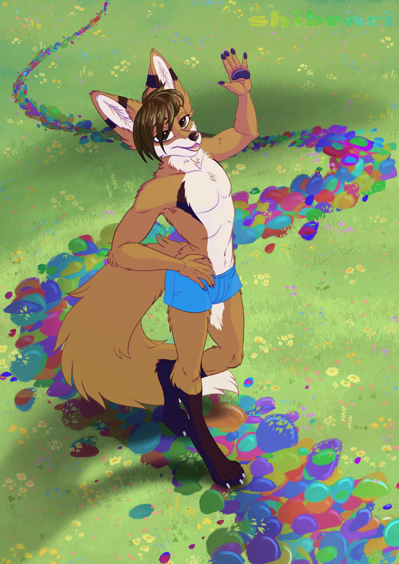 Kobaj walking along a rainbow colored footpath and waving at the camera.