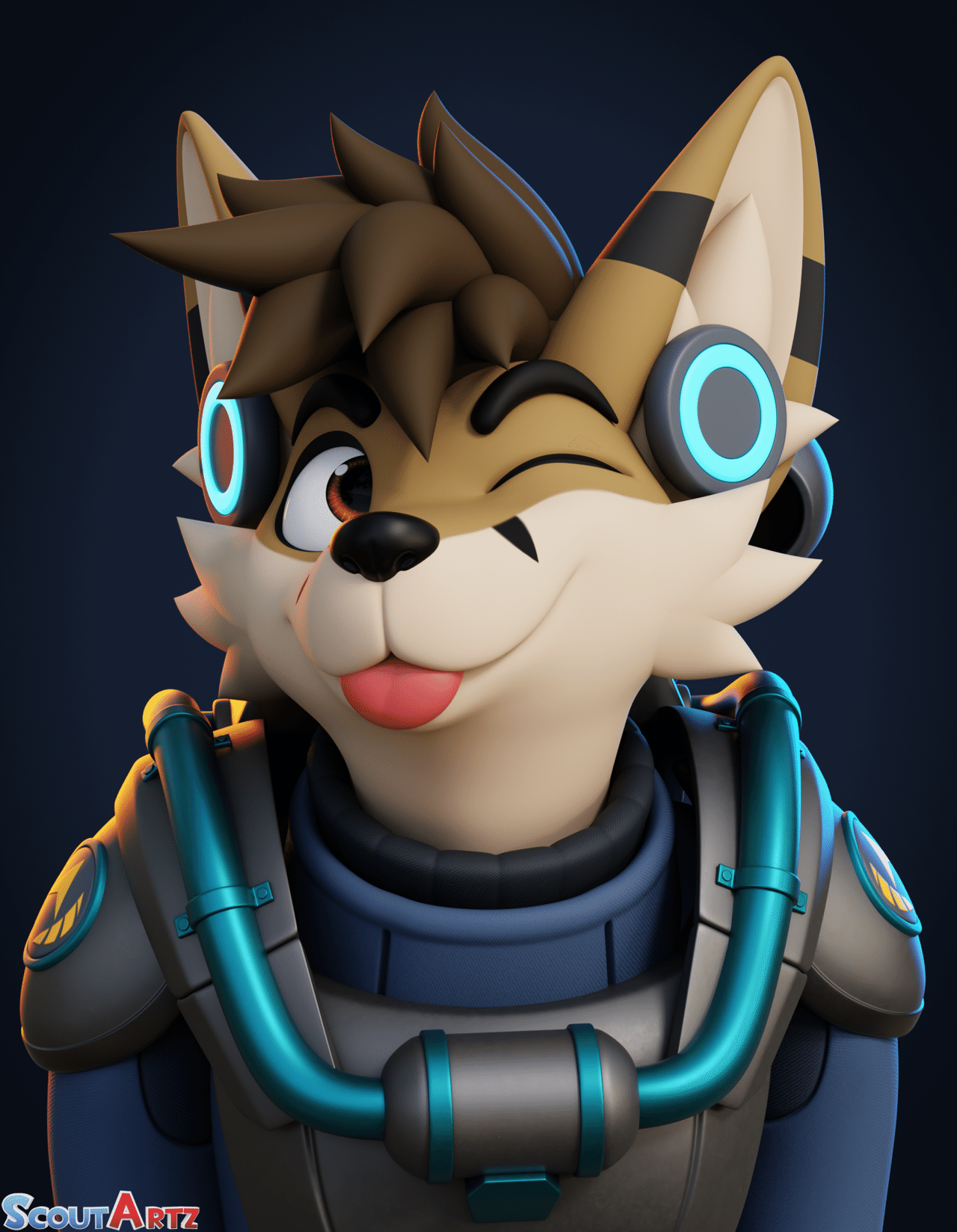 Kobaj modeled in 3d wearing a space suit and being cute.