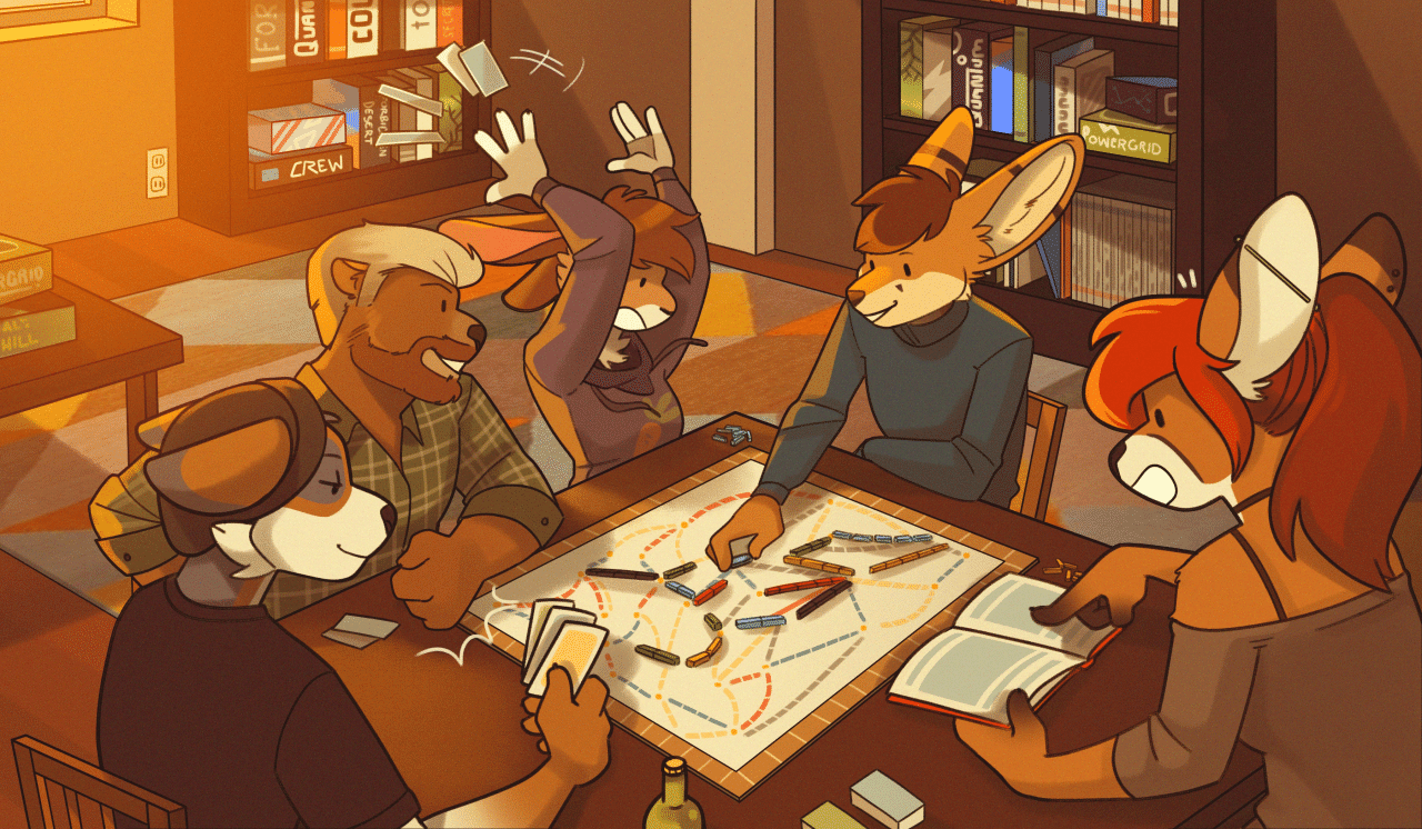 Kobaj and friends playing board games.