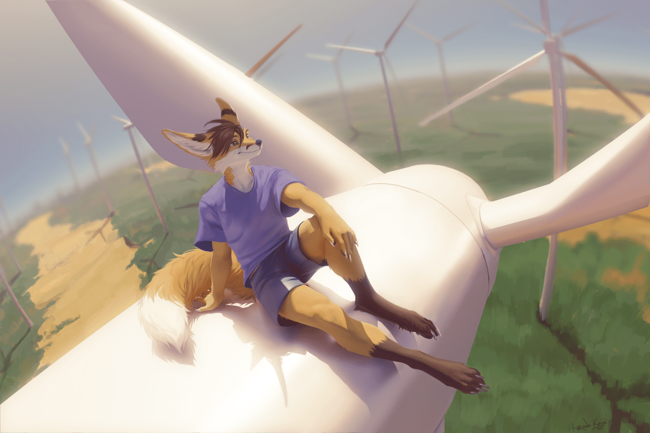 Kobaj lounging ontop of a wind turbine.