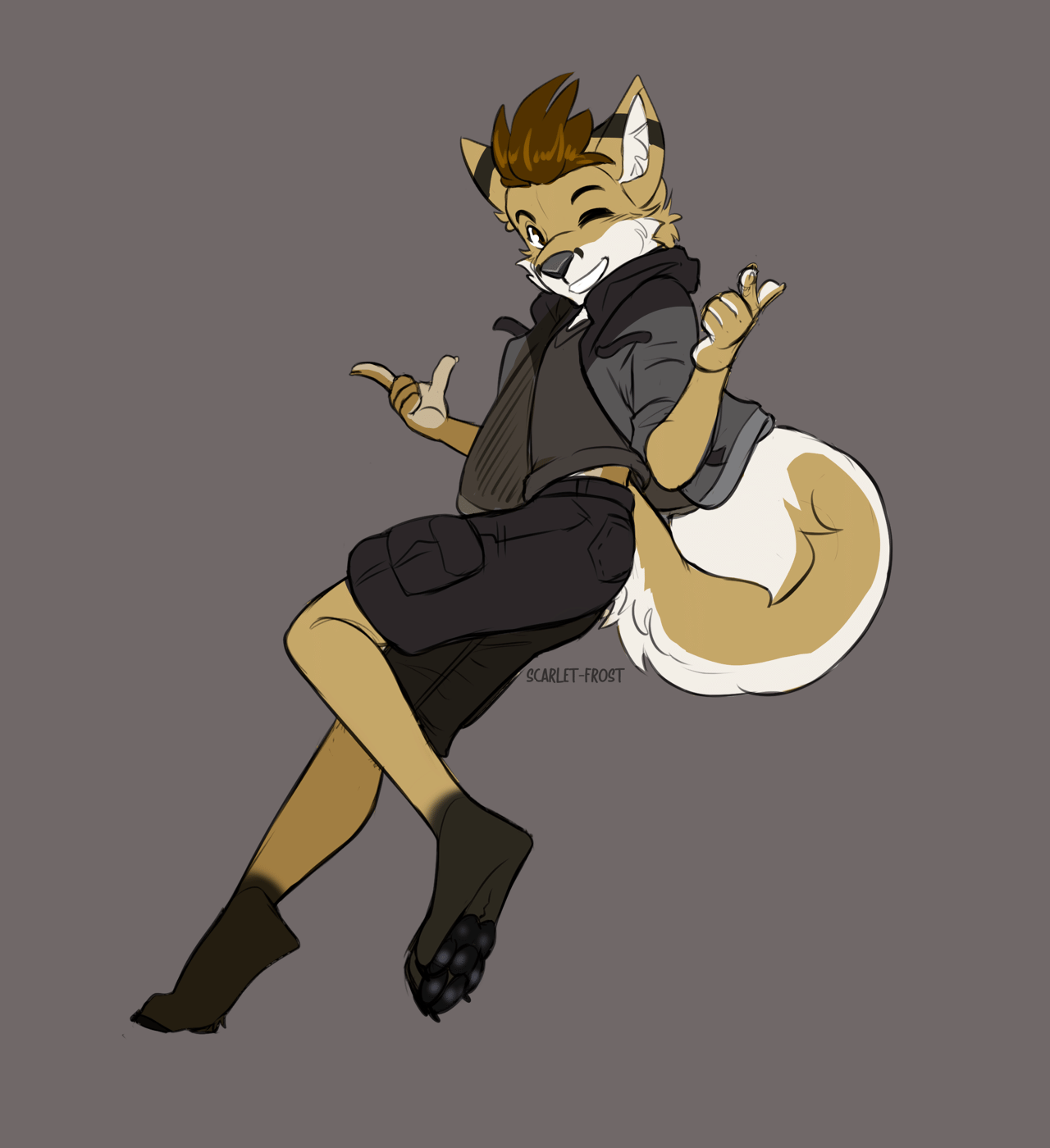 Kobaj giving a couple of finger guns as he rocks out and bounces around, winking at the camera and shaking his big curly tail.