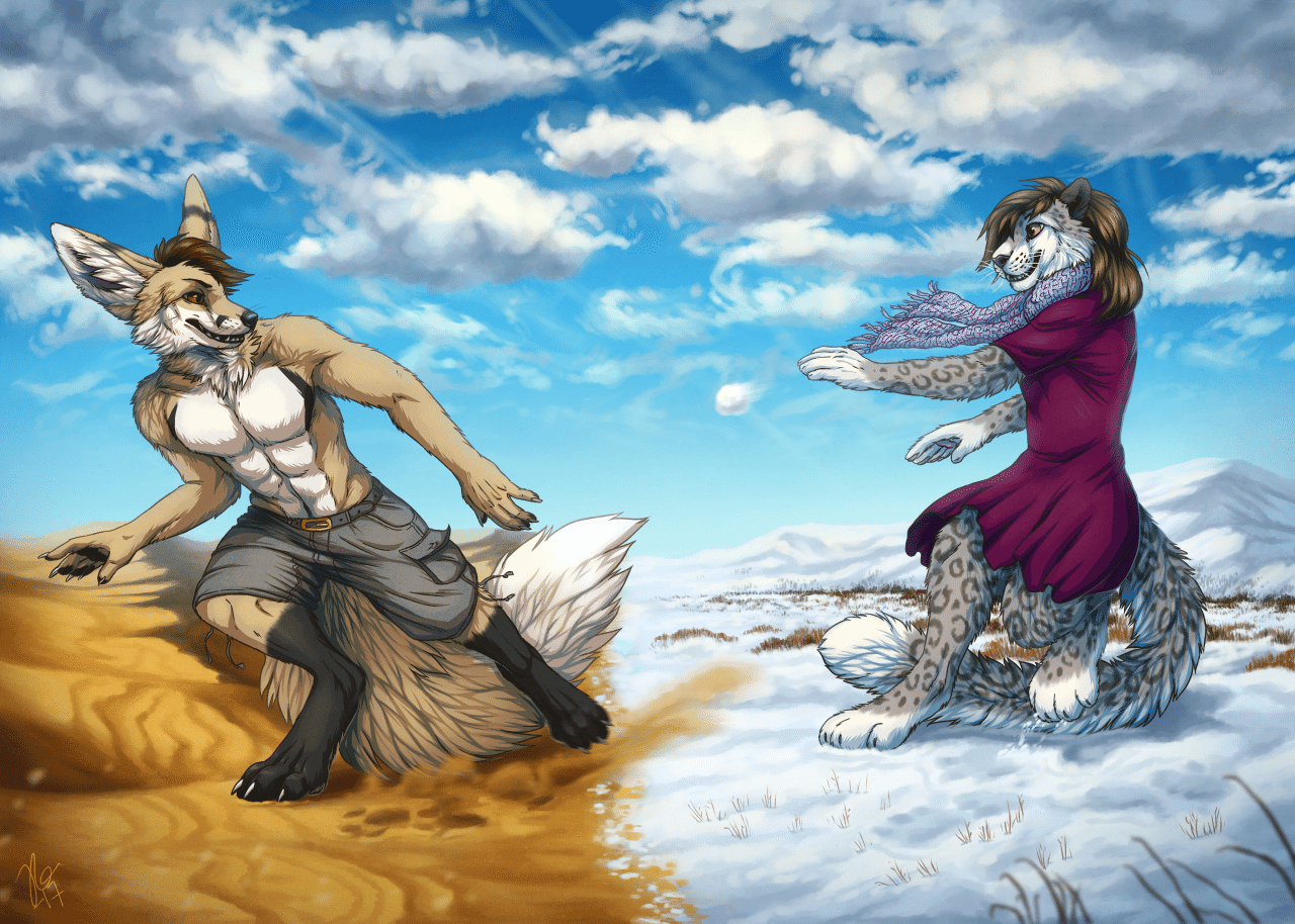 Kobaj playfully fighting with Aubirb on the edge of worlds.