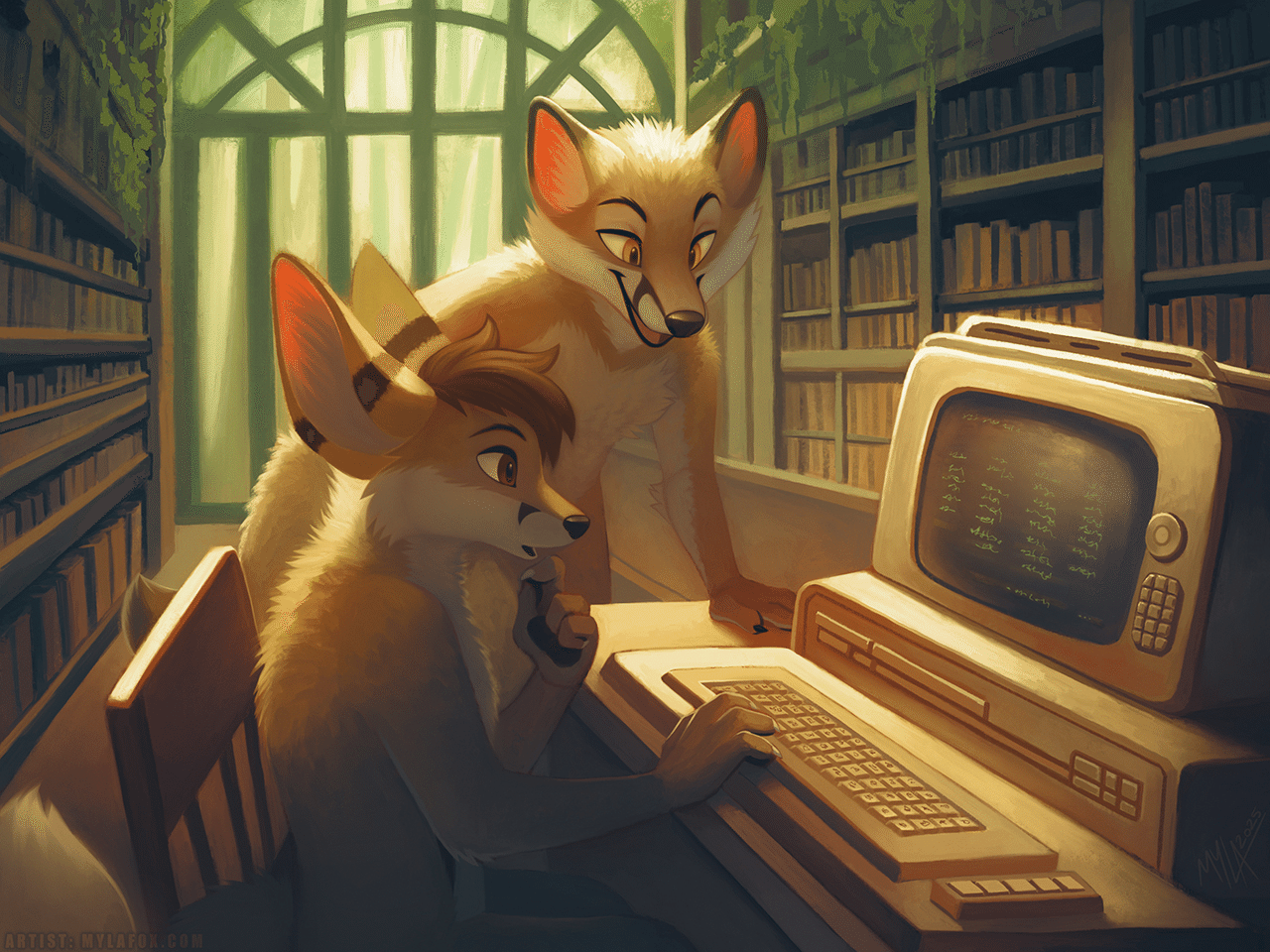 Kobaj discovers an ancient terminal in a long forgotten library, and Binary is there to help show him how it works.