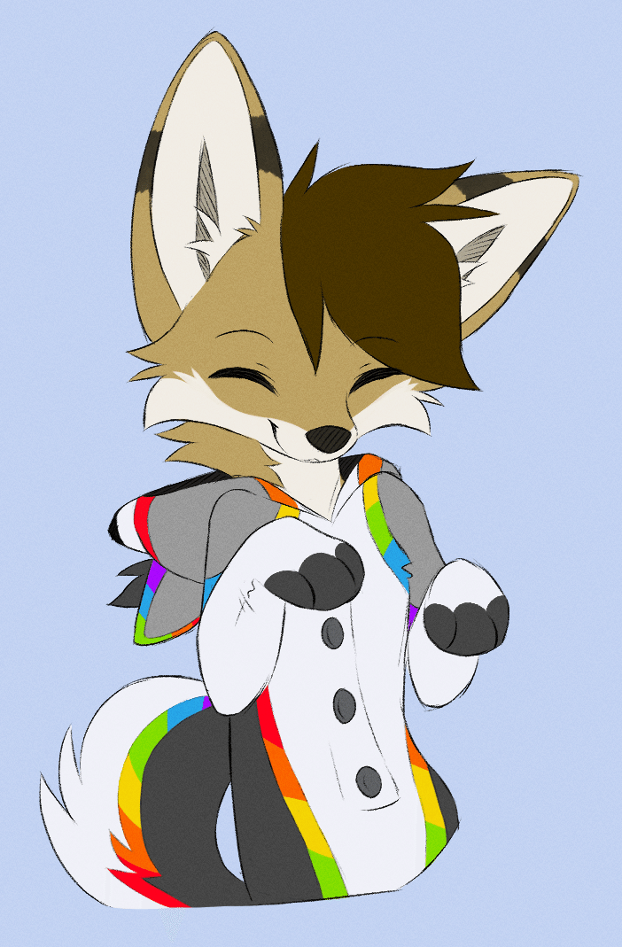 Kobaj wearing a cute rainbow husky kigu with a very happy expression on his face.