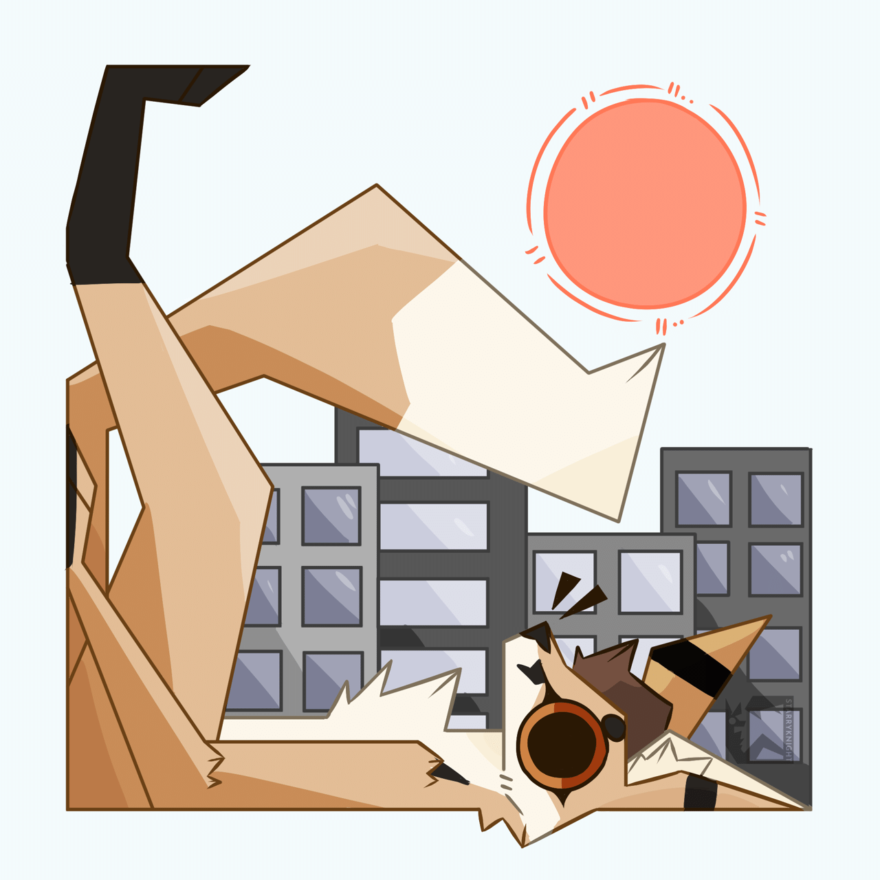 Kobaj laying on his back, whelmed by a city.