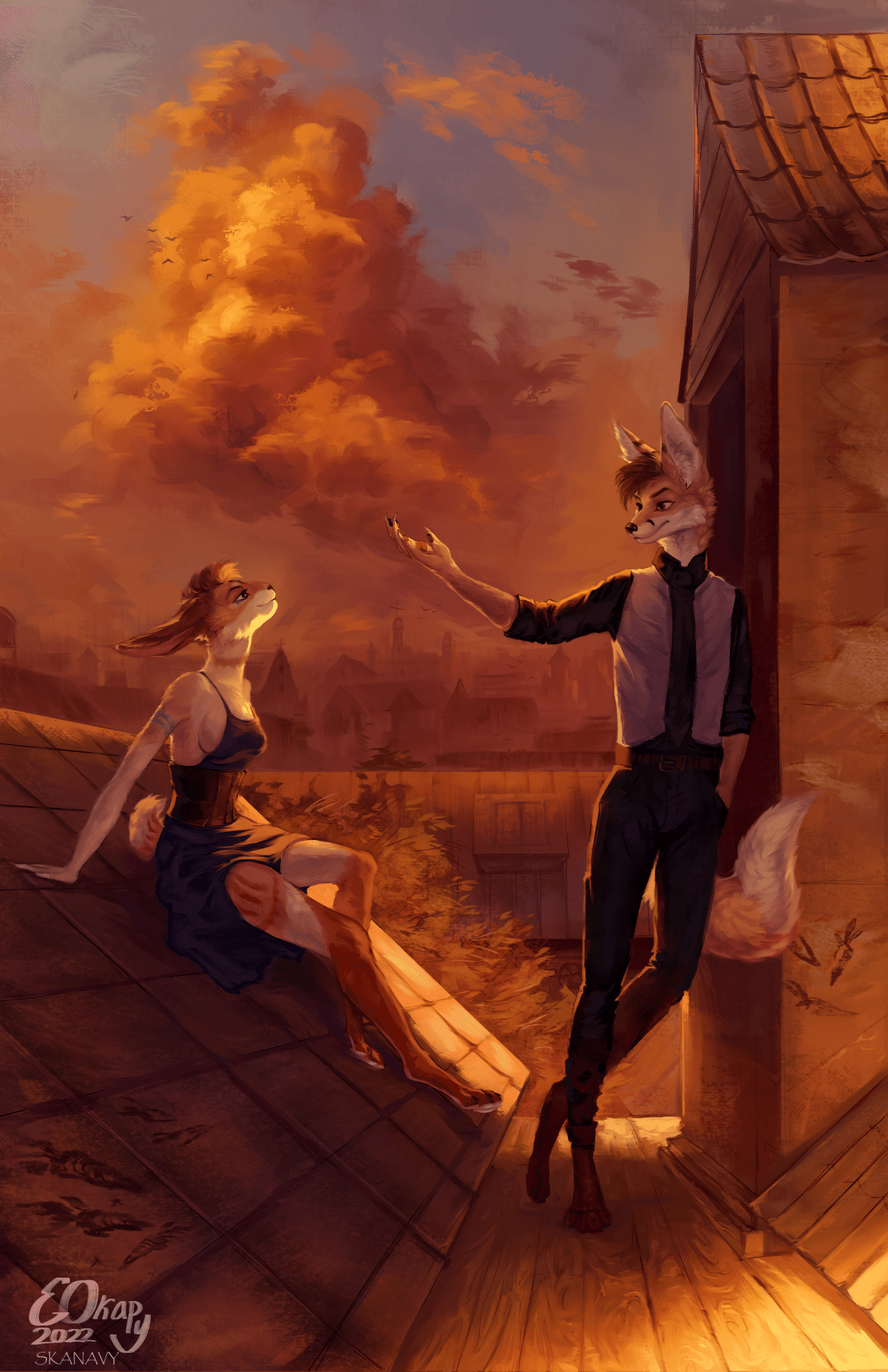 Kobaj guesturing on a rooftop while wearing a fancy outfit.