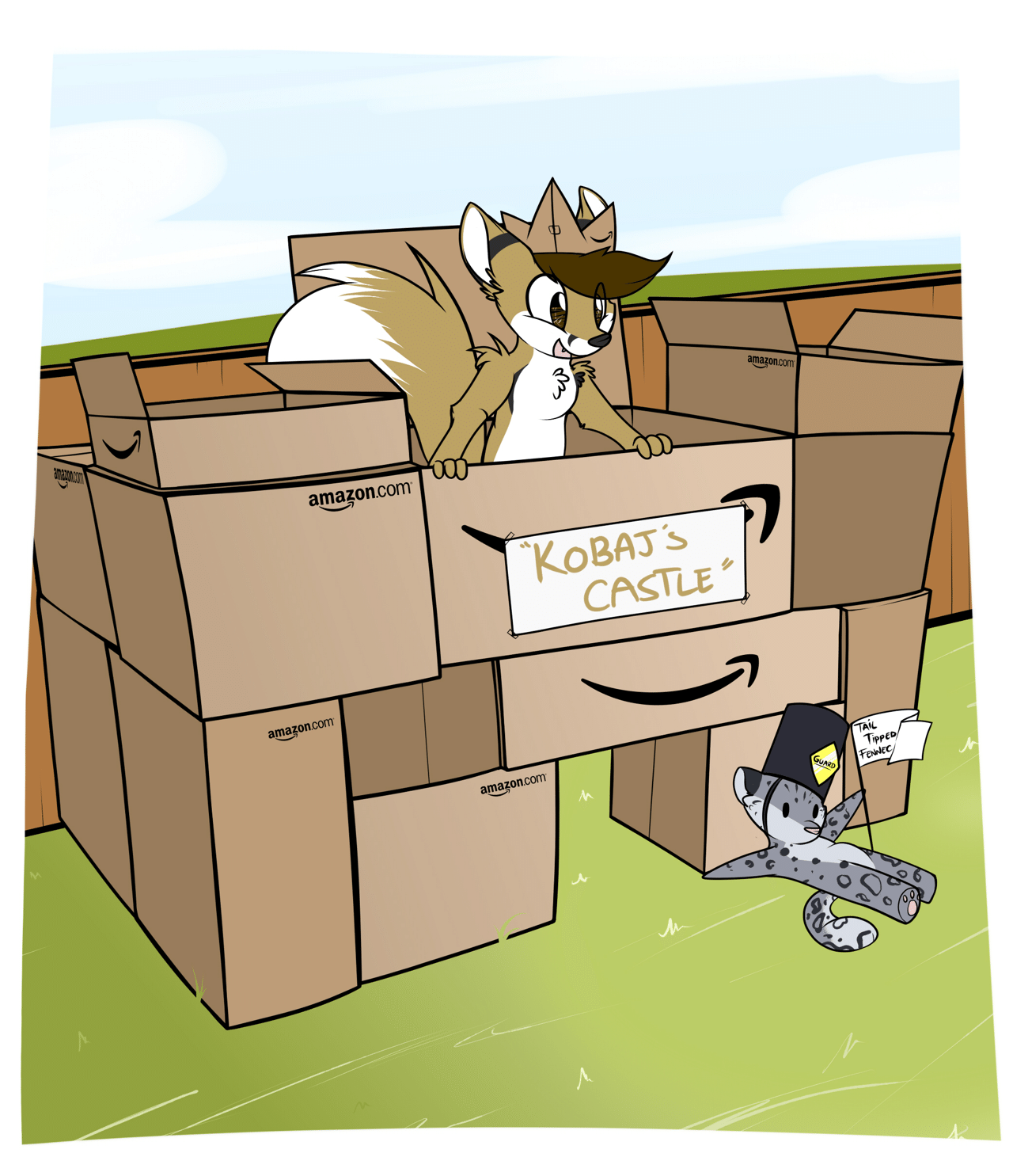 Kobaj playing king of his cardboard castle.