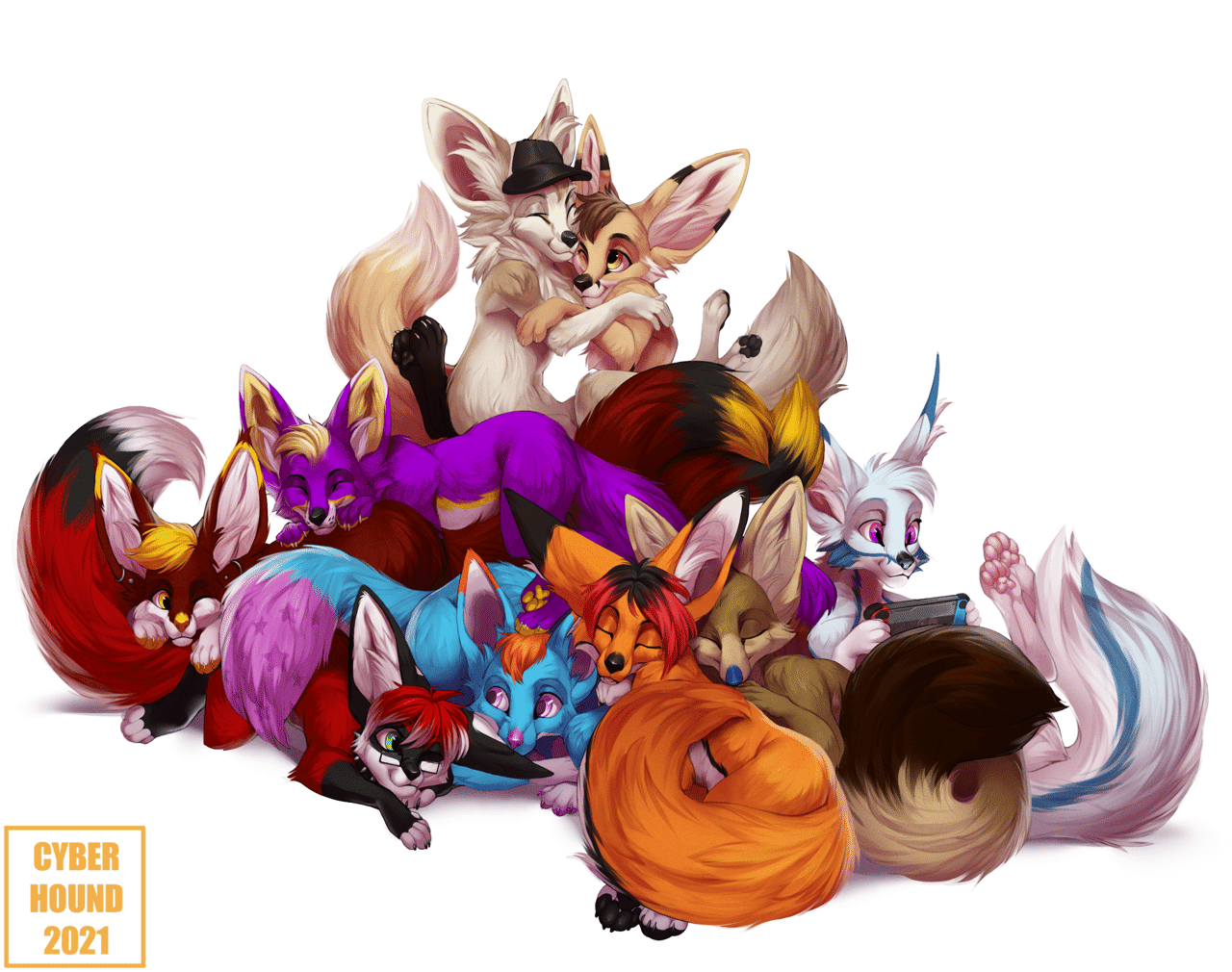 Kobaj snuggling ontop of a fennec pile.