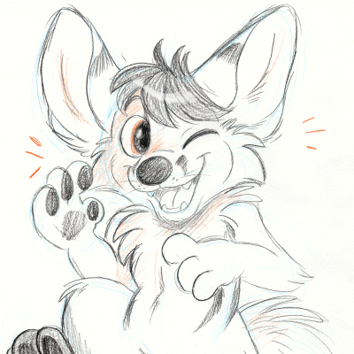 Kobaj sketched out as a cute happy dancing fox.