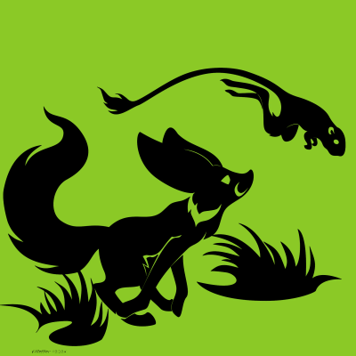 Kobaj running and jumping with his favorite kangaroo rat friend through some wild plains.