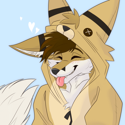 Kobaj wearing a kigu of himself, giving off a cute blep as he smiles and wags his tail.