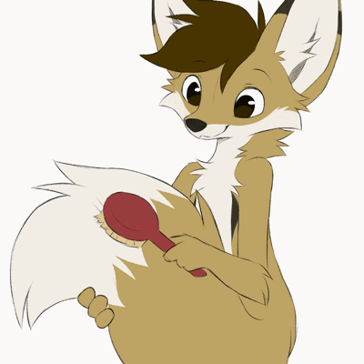 Kobaj brushing his big fuzzy fox tail.